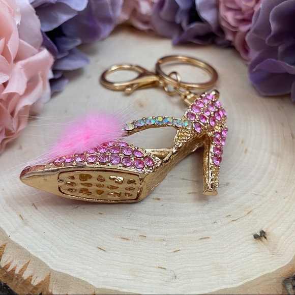 Pink Crystal High Heel Sandal with Pink Pom Pom Keychain Charm - Picture 10 of 11